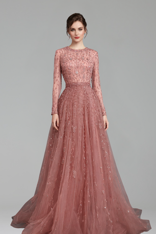 Beaded Muslim A-Line Evening Dress-Larosabride