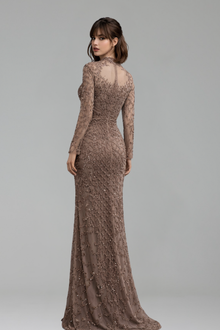 Caramel Beaded Mermaid Gown with High Neck - LAROSABRIDE