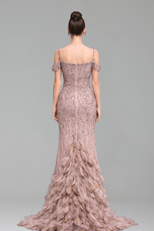 Feather Beaded Split Mermaid Gown - LAROSABRIDE
