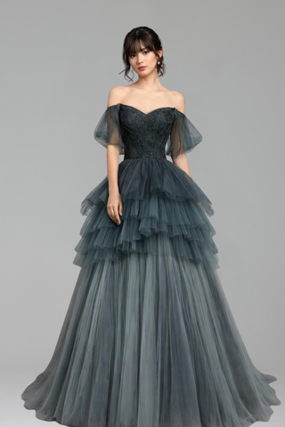 Off Shoulder A Line Tiered Tulle - LAROSABRIDE