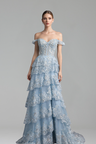 Spaghetti Strap Tiered Beaded Slit Dress-Larosabride