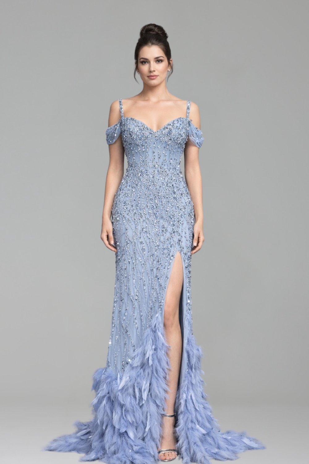 Feather Beaded Split Mermaid Gown - LAROSABRIDE