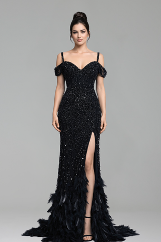 Feather Beaded Split Mermaid Gown - LAROSABRIDE