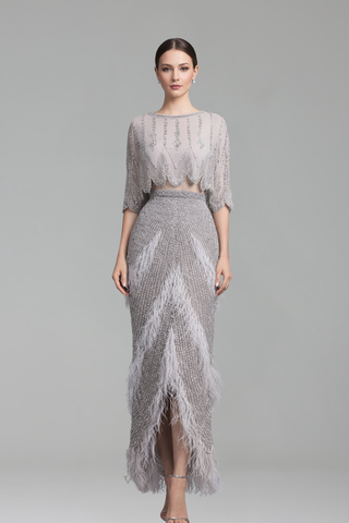 Two-Piece Feather Beaded Midi Evening Dress-Larosabride