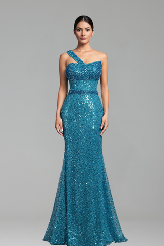 One-Shoulder Beaded Mermaid Dress-Larosabride