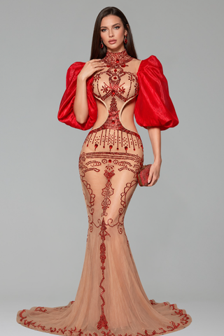 Crystal Cutout Puff Sleeve Gown - LAROSABRIDE