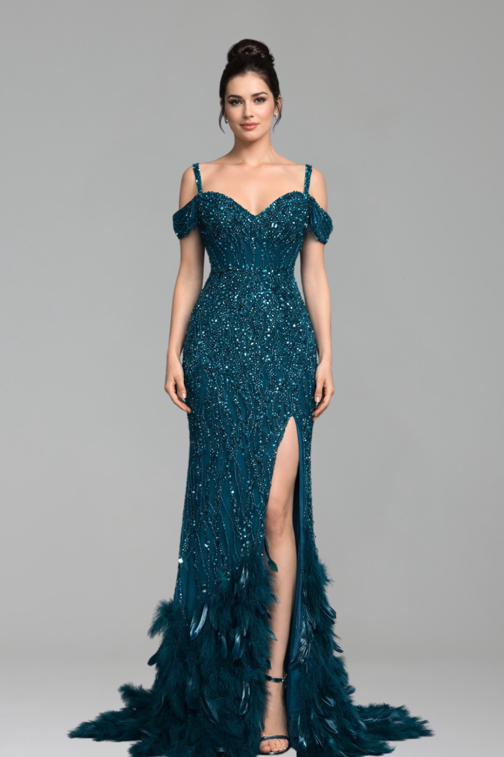 Feather Beaded Split Mermaid Gown - LAROSABRIDE