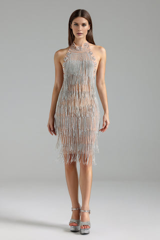 Sheer Illusion Beaded Mini Dress-Larosabride
