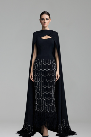 Cape-Detail Beaded Column Dress-Larosabride
