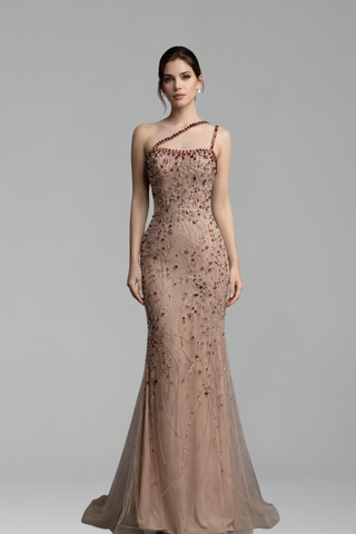 One-Shoulder Ruby Embellished Gown-Larosabride