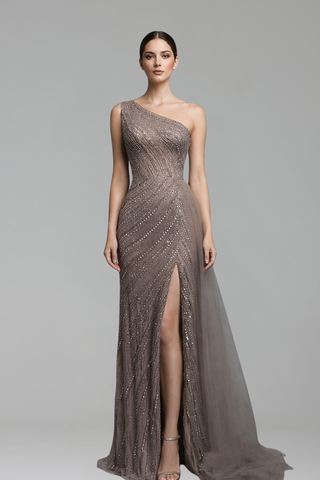 One-Shoulder Beaded Column Gown-Larosabride