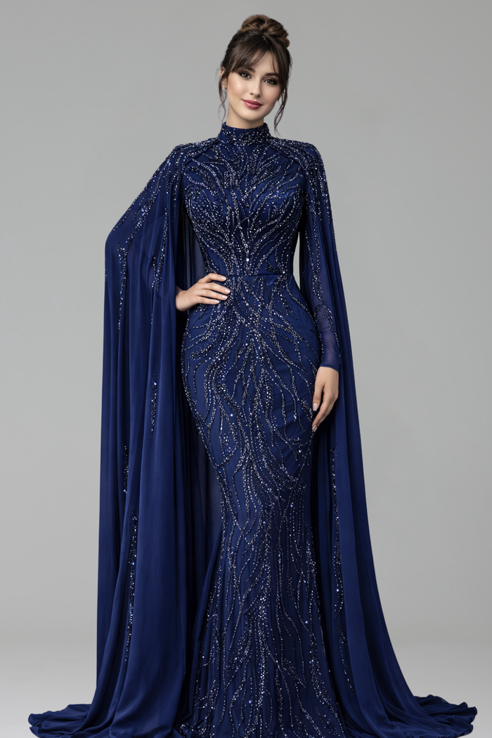 Beaded Satin Mermaid Cape Gown