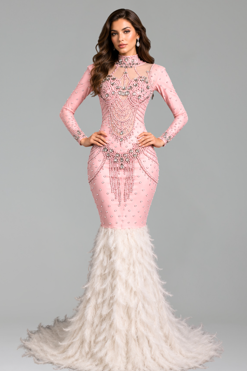 Crystal Embellished Feather Mermaid Gown - LAROSABRIDE