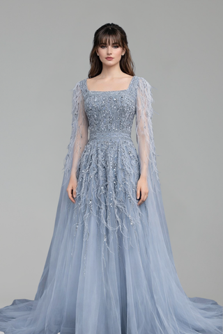 Beaded Feather A-Line Gown - LAROSABRIDE