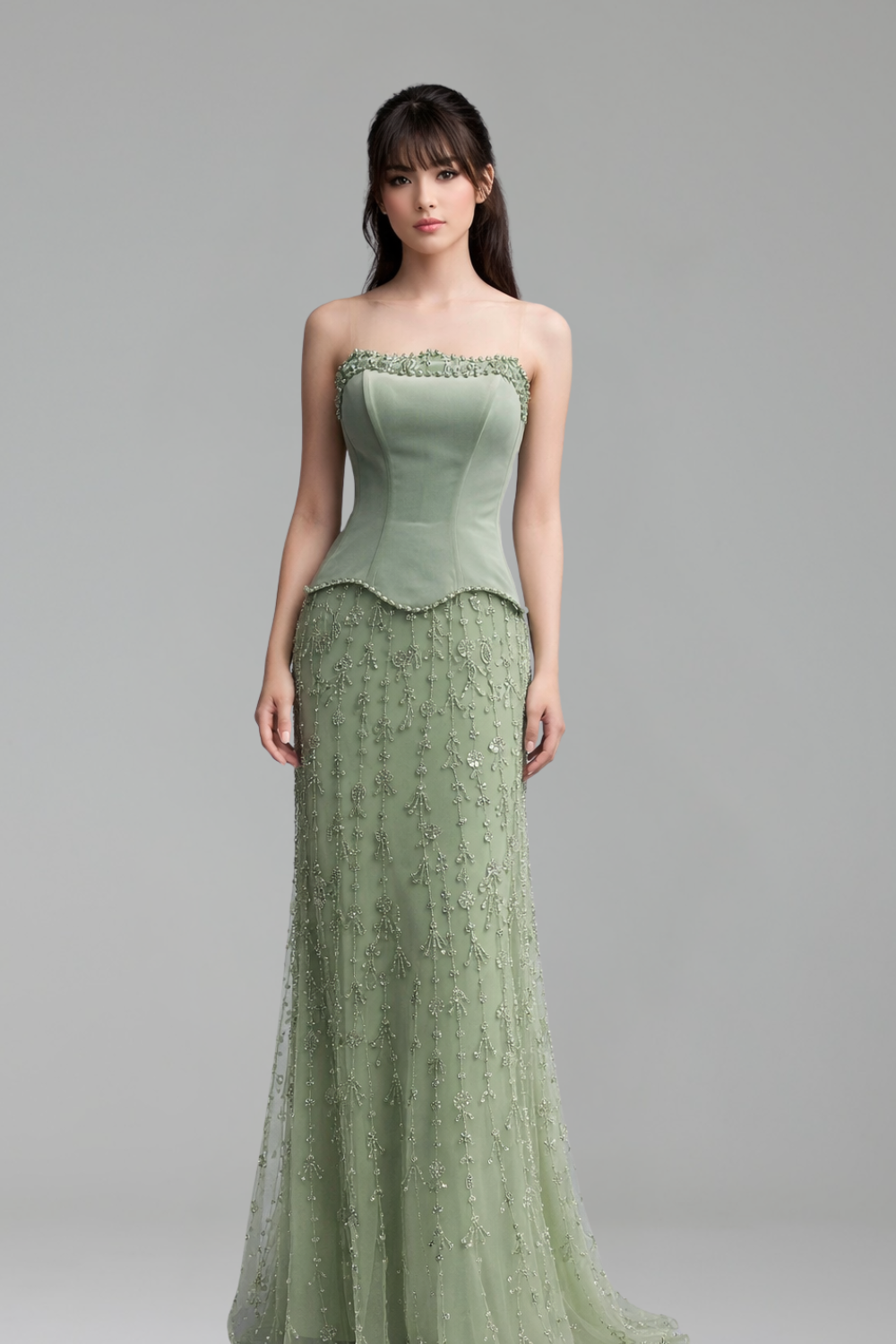 Satin Beaded Gown with Bodice - LAROSABRIDE
