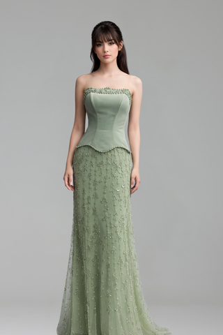 Satin Beaded Gown with Bodice - LAROSABRIDE