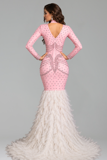 Crystal Embellished Feather Mermaid Gown - LAROSABRIDE