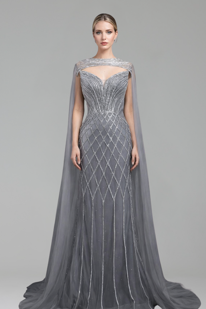 Beaded Cape Mermaid Dress