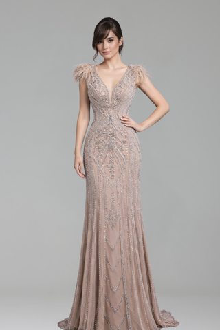 Caramel Beaded Feather Mermaid Dress - LAROSABRIDE