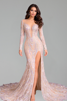 Long Sleeve Sequin Slit Gown-Larosabride