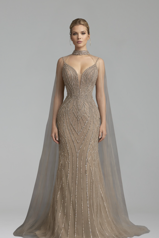Beaded Cape-Sleeve Mermaid Dress-Larosabride