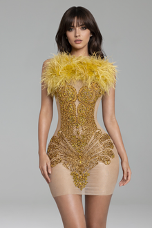 Feather Trim Mini Dress-Larosabride