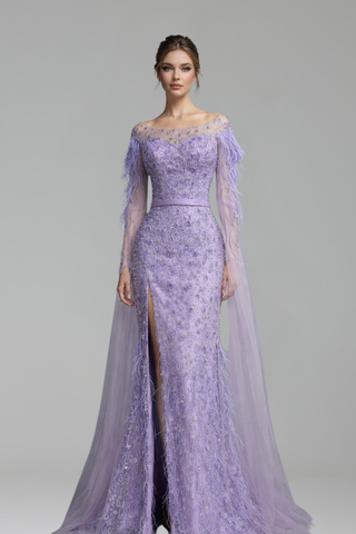 Cape-Sleeve Feather Beaded Mermaid Dress-Larosabride