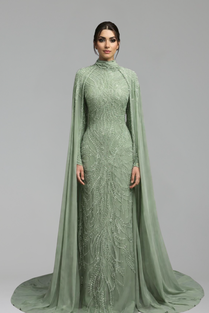 Emerald Beaded Cape Gown