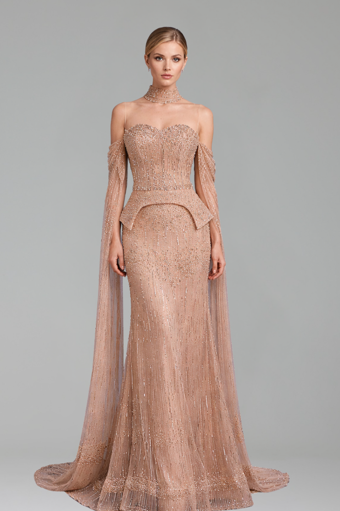 Off-Shoulder Crystal Cape Dress