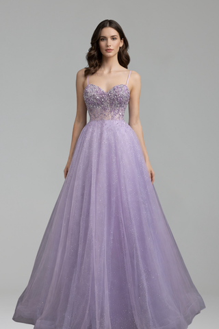 Spaghetti Strap Beaded A-Line Dress-Larosabride