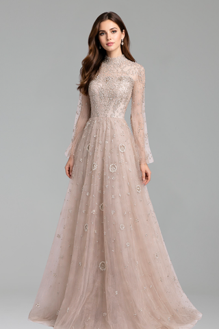 Embroidered High-Neck A-Line Gown-Larosabride