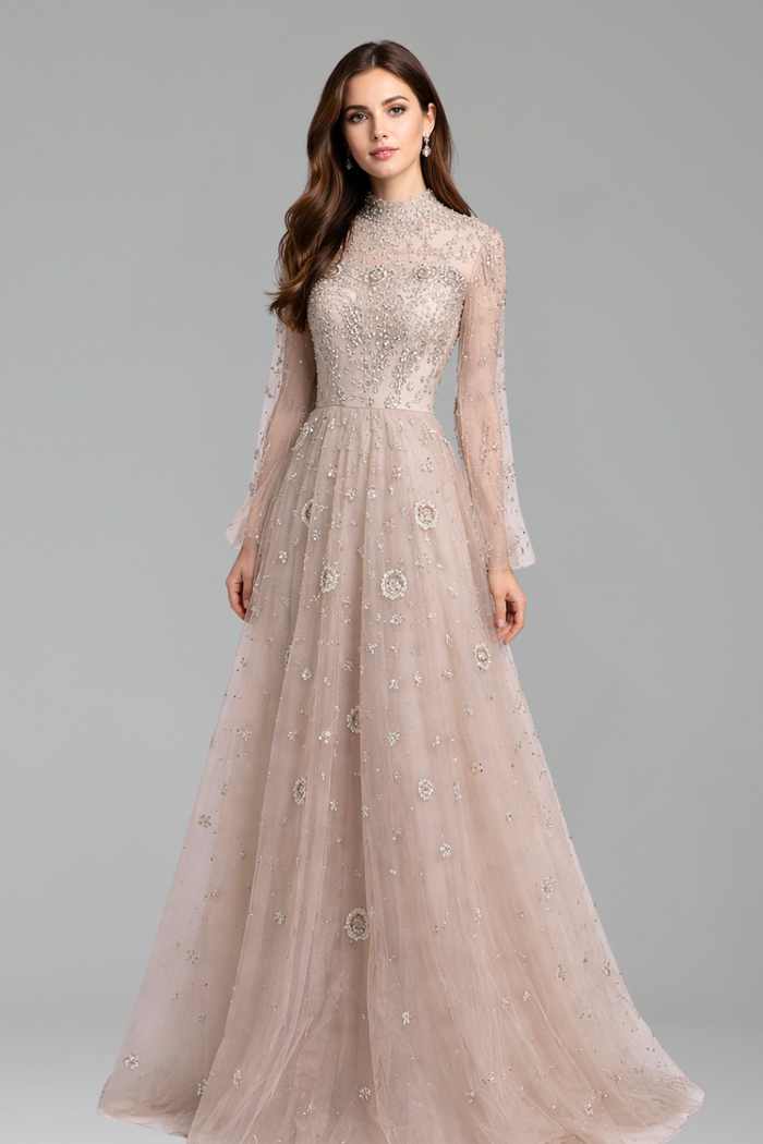 Embroidered High-Neck A-Line Gown