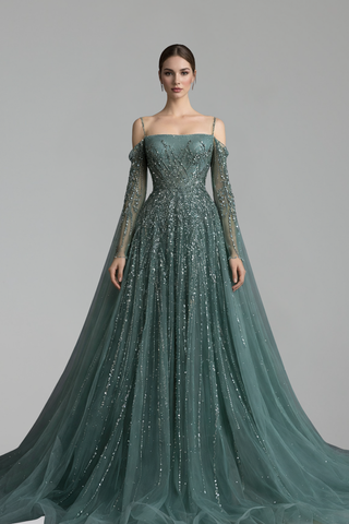 Long-Sleeve Cape A-Line Dress-Larosabride