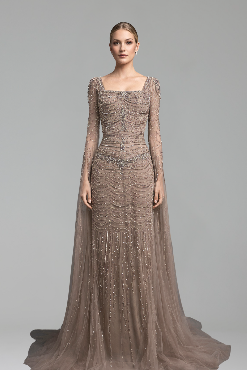Beaded Mermaid Dress with Cape Sleeves-Larosabride