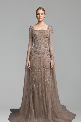 Beaded Mermaid Dress with Cape Sleeves-Larosabride