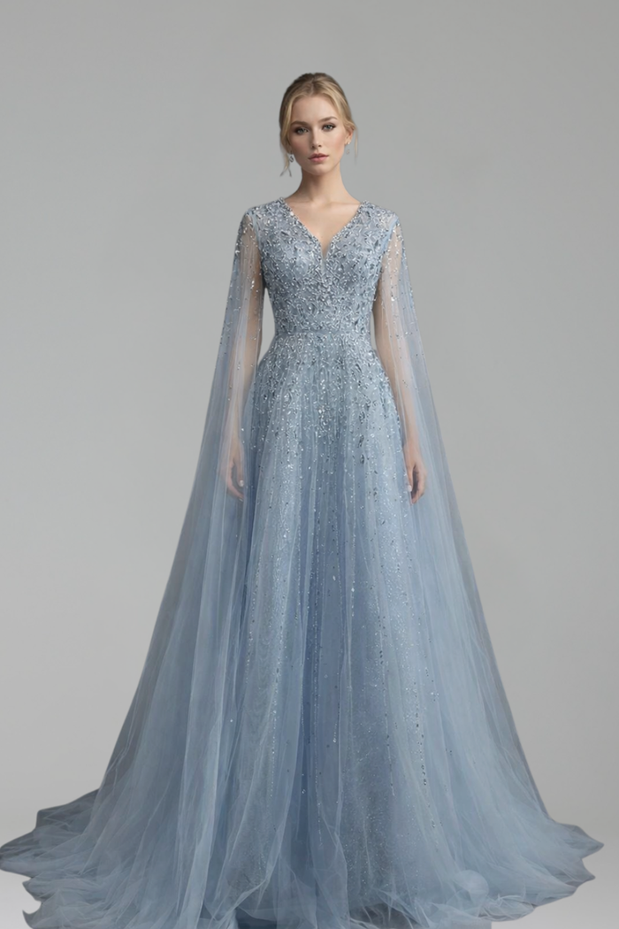 Long Sleeve Beaded Tulle Gown