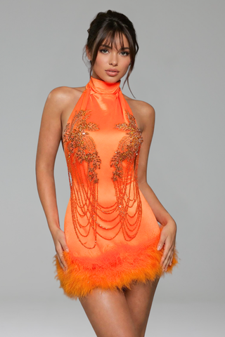 Beaded Halter Mini with Feather Hem - LAROSABRIDE