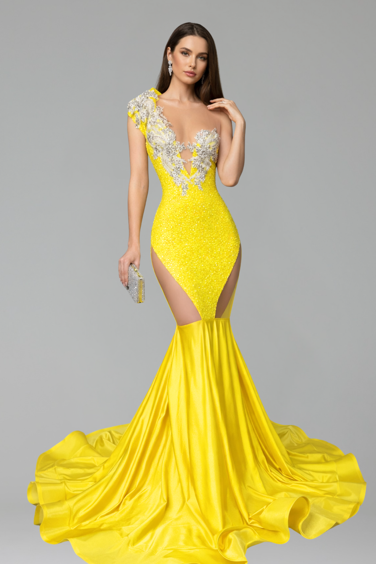 Yellow Beaded One Shoulder Mermaid Gown - LAROSABRIDE