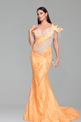 Beaded Fringe Shoulder Mermaid Gown - LAROSABRIDE