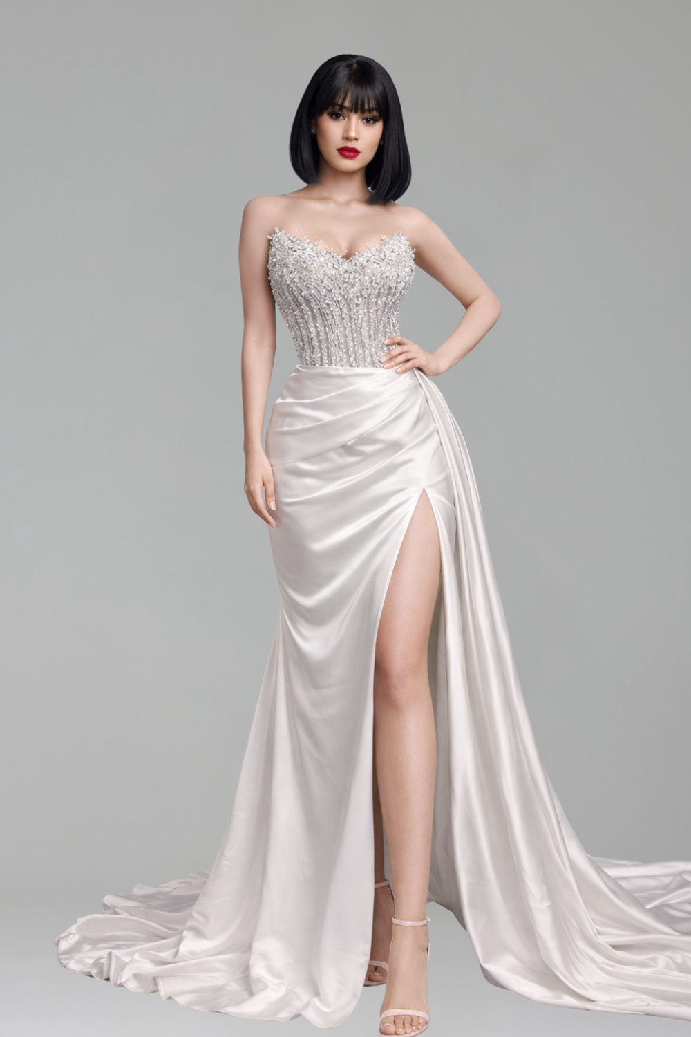 Strapless Beaded Satin High Slit Gown - LAROSABRIDE