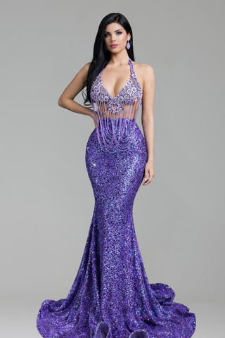 Beaded Fringe Halter Mermaid Gown - LAROSABRIDE