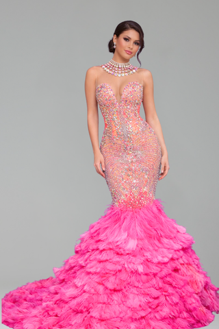 Crystal Embellished Mermaid Feather Gown - LAROSABRIDE