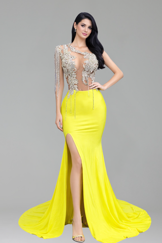 Asymmetric Embellished Illusion Slit Gown - LAROSABRIDE