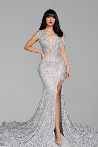 Silver Embellished Sheer Mermaid Gown - LAROSABRIDE