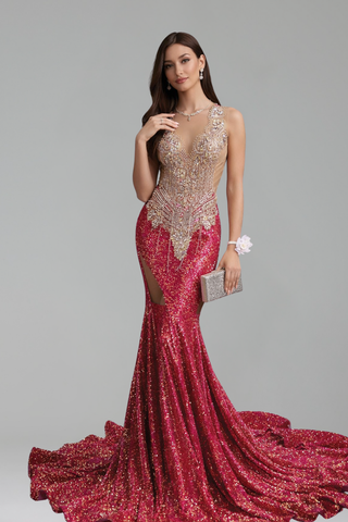 Beaded Illusion Mermaid Train Gown - LAROSABRIDE