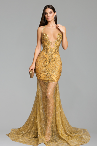 Illusion Halter Embellished Mermaid Gown - LAROSABRIDE