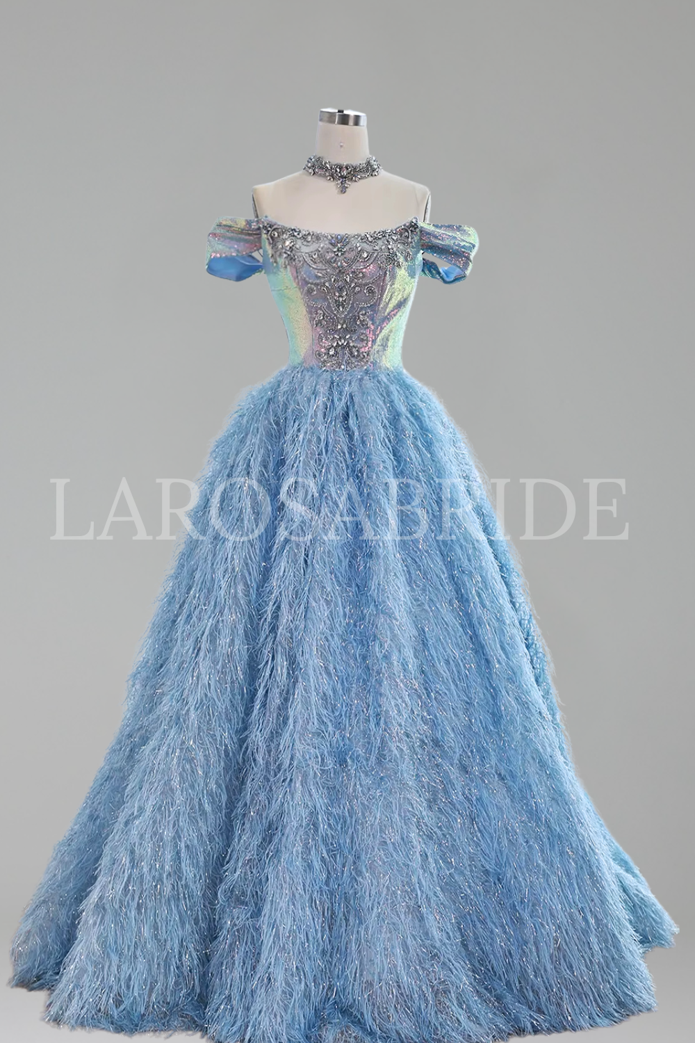 Feather Beaded Ball Gown - LAROSABRIDE