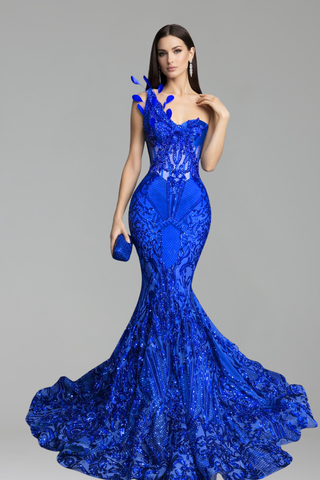 One Shoulder Embellished Mermaid Gown - LAROSABRIDE