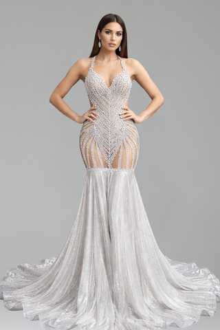 Beaded Halter Silver Mermaid Gown - LAROSABRIDE