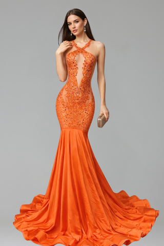 Orange Beaded Halter Mermaid Gown - LAROSABRIDE